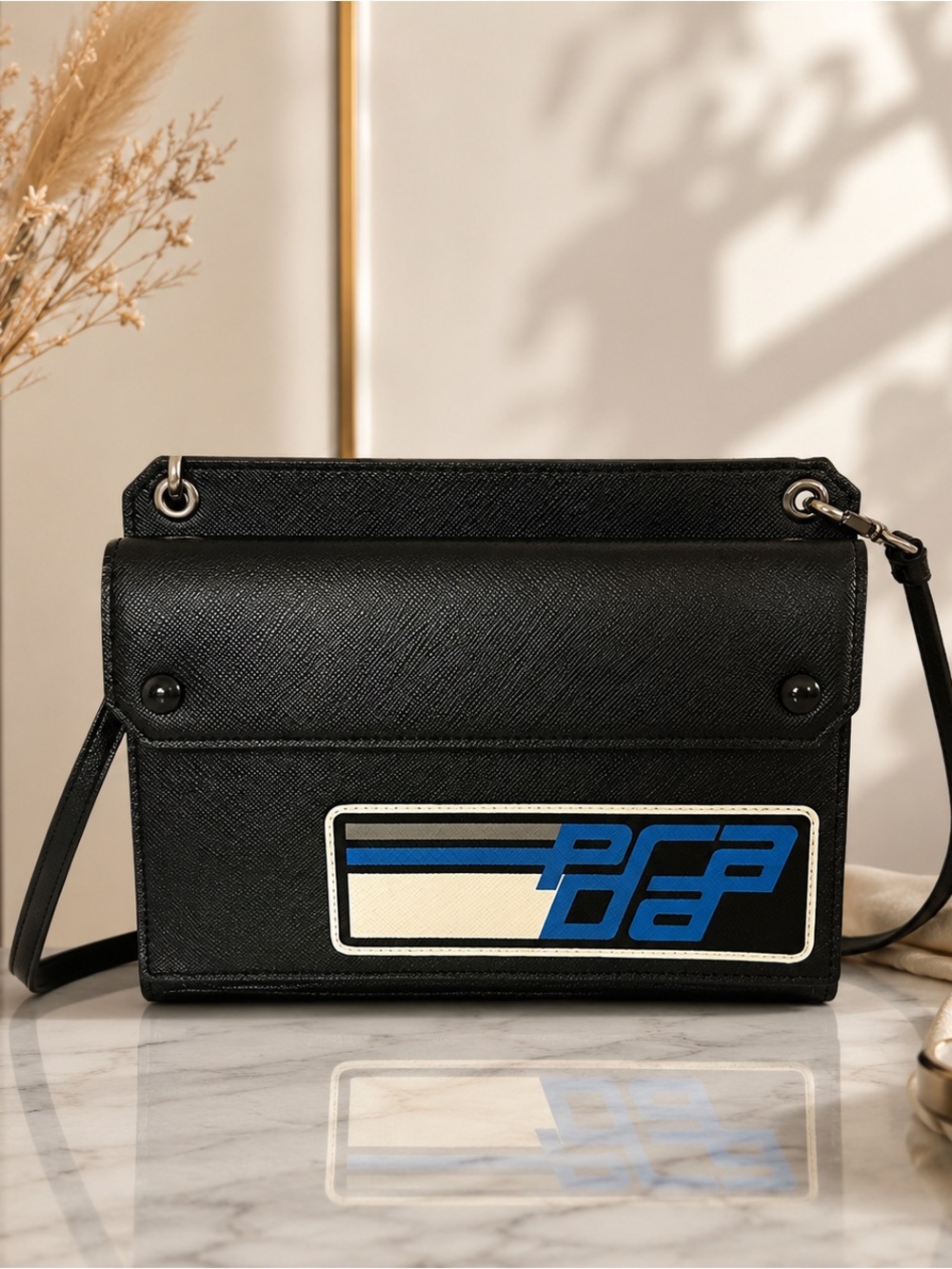 Prada Saffiano Logo Convertible Bag Black Leather Crossbody